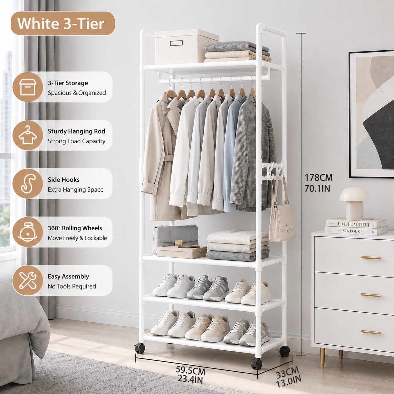 Kledingrek op wielen, wit, 3-l - Fishing Rod Travel recensie en prijs